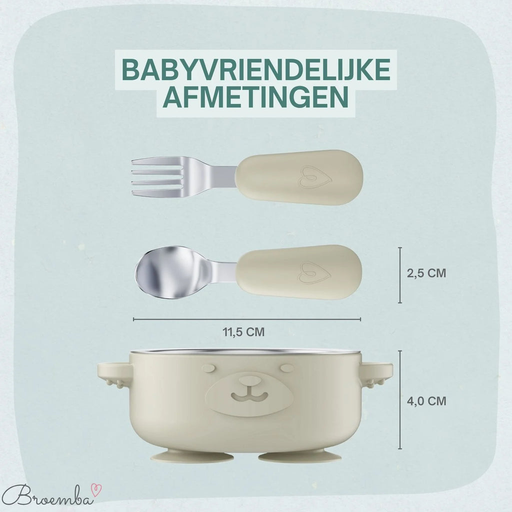 Broemba RVS baby kom met zuignap en bestek beige