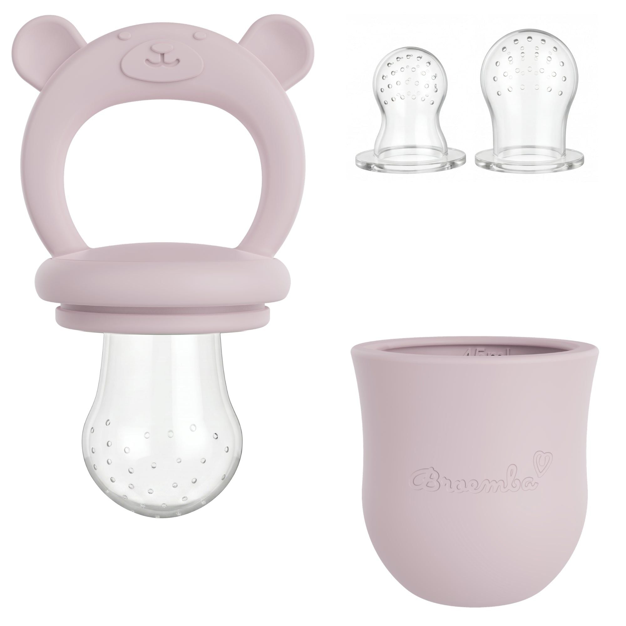 Roze baby fruitspeen met zachte siliconen speen en handige grip, klaar voor gebruik.