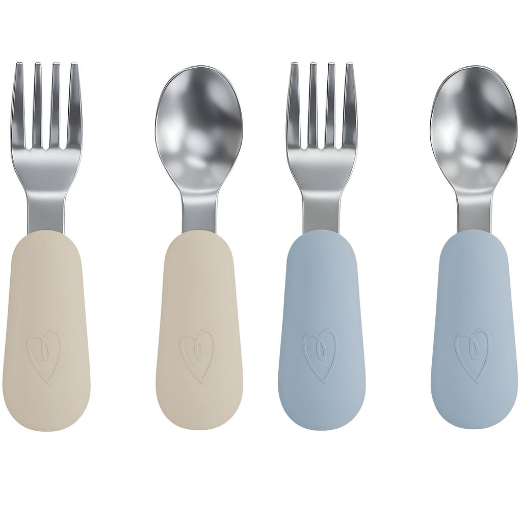 RVS Baby Lepel + Vork Set Beige / Blauw